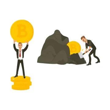 Vector flat bitcoin mining businessman concept set Stock Illustration