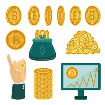 Vector flat bitcoin symbols, golden coins set. Illustrazione stock