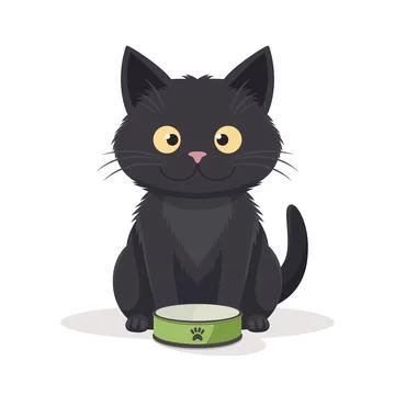 Vector Flat Black Cat with Green Pets Bowl. Cartoon Cat Icon Isolated. Black Stock Illustration