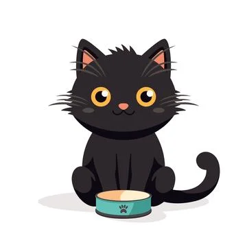 Vector Flat Black Cat with Pets Bowl. Cartoon Cat Icon Isolated. Black Cute and Illustrazione stock