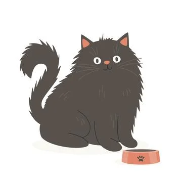 Vector Flat Black Fluffy Cat with Pets Bowl. Cartoon Cat Icon Isolated. Black Stock Illustration