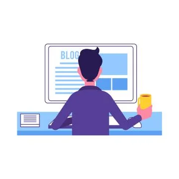Vector flat blogger man writing new article Stock Illustration