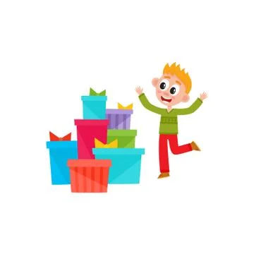 Vector flat boy dancing near present boxes pile 스톡 일러스트