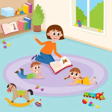 Vector flat boy, girl and teacher lying at carpet Stock Illustration