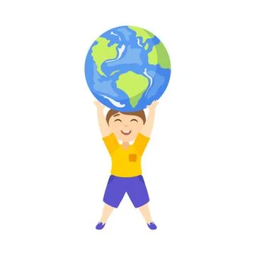 Vector flat boy lifting planet earth icon high 스톡 일러스트
