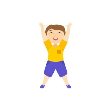 Vector flat boy pull hands up to the sun isolated Stock Illustration