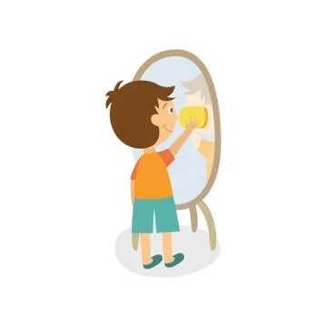 Vector flat boy wiping mirror by rag Stock Illustration