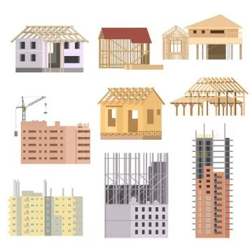 Vector flat Building under construction. Building house construction process Stock Illustration