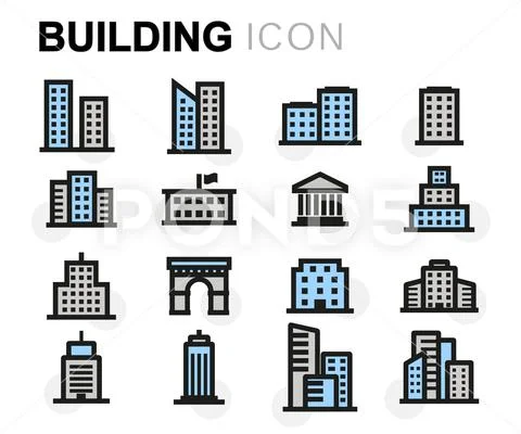 Vector flat buildings icons set Stock Illustration