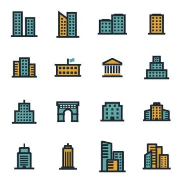 Vector flat buildings icons set Stock Illustration