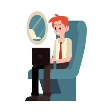 Vector flat business man typing at flight 库存插图