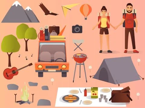 Vector flat camping, hiking icons set Stock Illustration