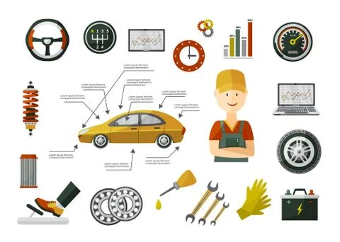 Vector flat car service infographics objects set Stock Illustration