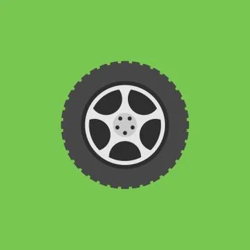Vector flat car wheel with tyre icon on green background Stock Illustration