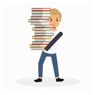 Vector Flat Cartoon character Illustration of A Boy carrying a Big Stack Of B Stock Illustration