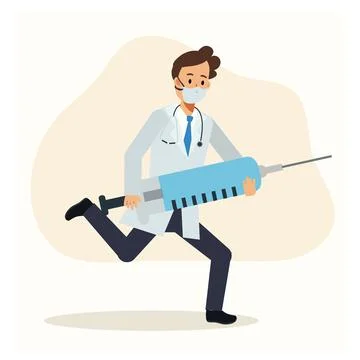 Vector flat cartoon character of Male doctor running and holding syringe of v Stock Illustration