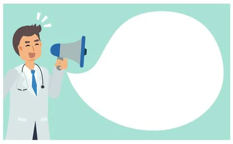 Vector flat cartoon character of man doctor take microphone to announce. Doct Stock Illustration