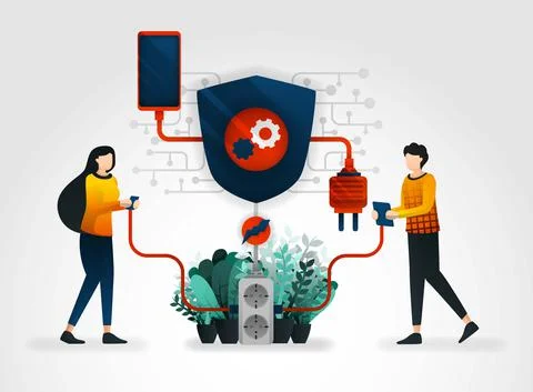Vector flat cartoon character. people are sharing electricity in a terminal h Stock Illustration