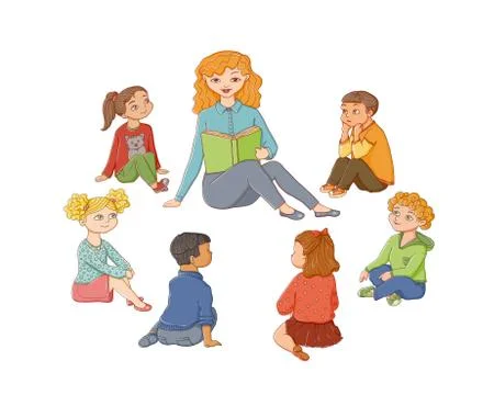 Vector flat cartoon children sitting around woman 스톡 일러스트