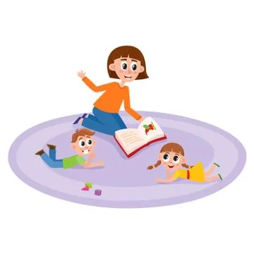 Vector flat cartoon children sitting around woman Illustrazione stock