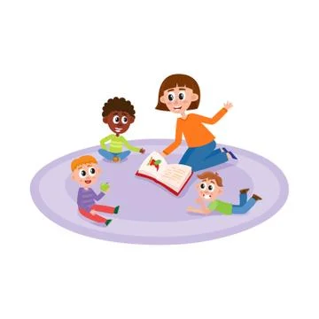 Vector flat cartoon children sitting around woman 스톡 일러스트