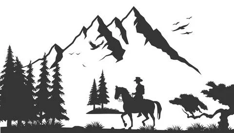 Vector flat cartoon cowboy man riding horse isolated on landscape background Stock Illustration