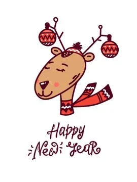 Vector flat cartoon cute christmas reindeer in red scarf head portrait. Winter Stock Illustration