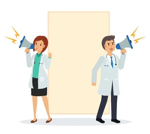 Vector flat cartoon illustration of 2 doctors making an announcement with a l Illustrazione stock