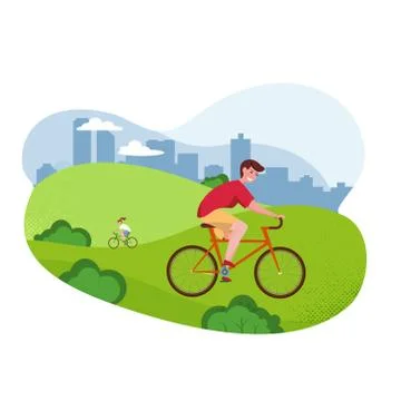Vector flat cartoon illustration - bicycle riding man. Park, trees and hills  Ilustración de archivo