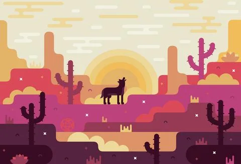 Vector flat cartoon Illustration of desert, wolf, cactus and sunrise Stock Illustration