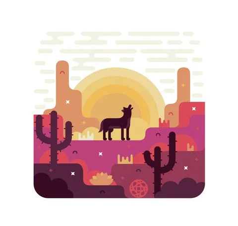 Vector flat cartoon Illustration of desert, wolf, cactus and sunrise Stock Illustration
