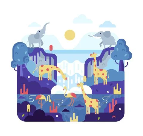 Vector flat cartoon illustration - giraffe, elephant and pink flamingos Stock Illustration
