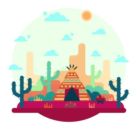 Vector flat cartoon illustration native american dwelling Stock Illustration