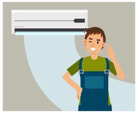 Vector flat cartoon illustration of Service and repair of air conditioners. r Stock Illustration