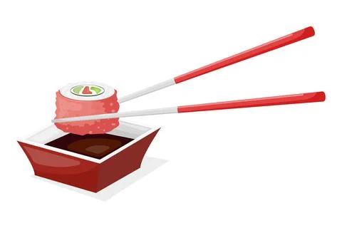 Vector flat cartoon illustration of sushi and sauce bowl. Stock Illustration