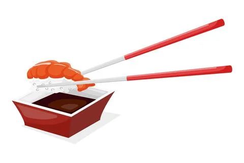 Vector flat cartoon illustration of sushi and sauce bowl. Stock Illustration