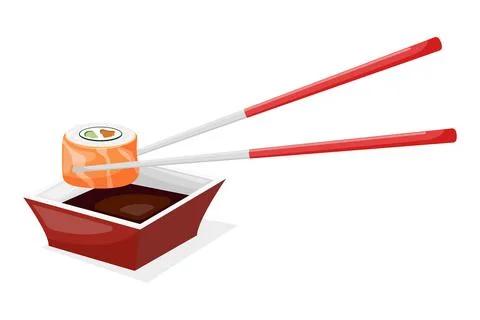 Vector flat cartoon illustration of sushi and sauce bowl. Stock Illustration
