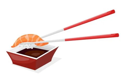 Vector flat cartoon illustration of sushi and sauce bowl. Stock Illustration