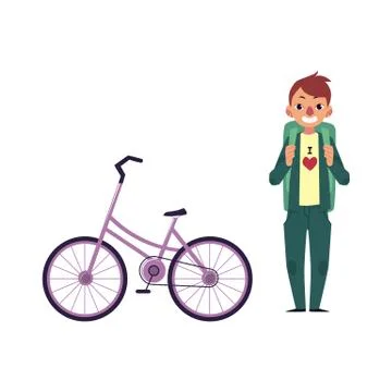 Vector flat cartoon man tourist smiling, bicycle イラスト素材