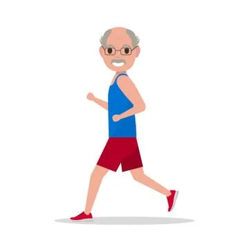 Vector flat cartoon old man running jogging Stock Illustration