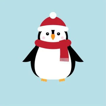 Vector flat cartoon penguin in hat and scarf Stock Illustration