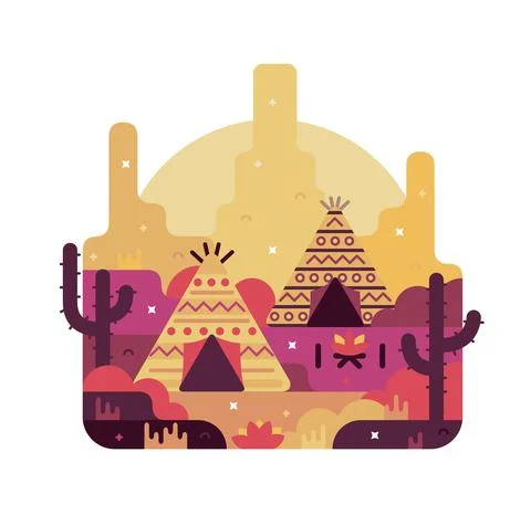 Vector flat cartoon square illustration native american dwelling Stock Illustration