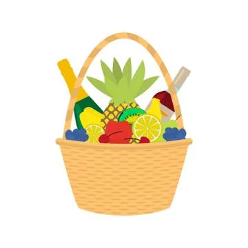 Vector flat cartoon straw wicker basket with food Stock Illustration