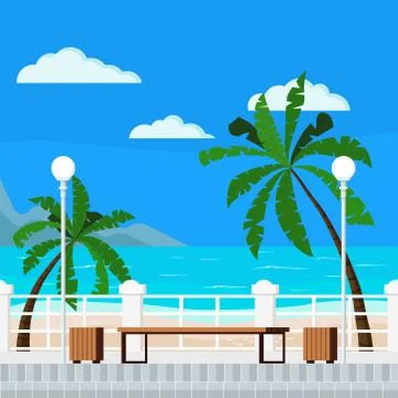 Vector flat cartoon style illustration of blue sea with beach summer backgrou 스톡 일러스트