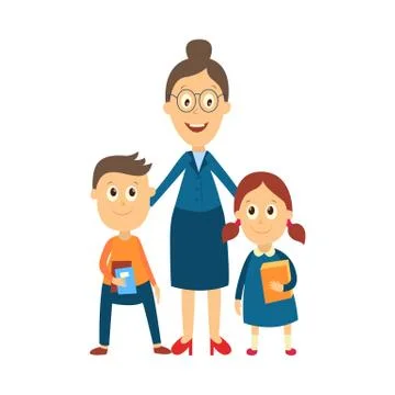 Vector flat cartoon teacher and pupils 스톡 일러스트