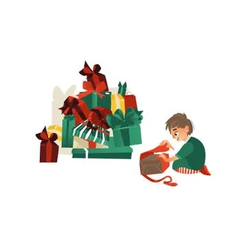 Vector flat caucasian boy opening present box Stock Illustration