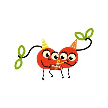 Vector flat cherry making selfie fruit party Stock Illustration