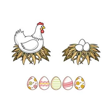 Vector flat chicken, eggs in nest isolated Stock Illustration