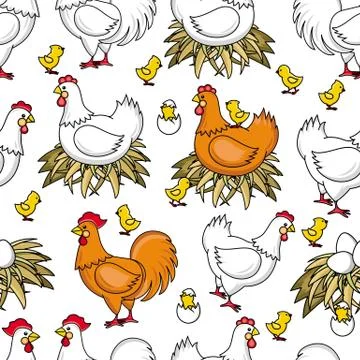 Vector flat chicken in nest chick seamless pattern Illustrazione stock