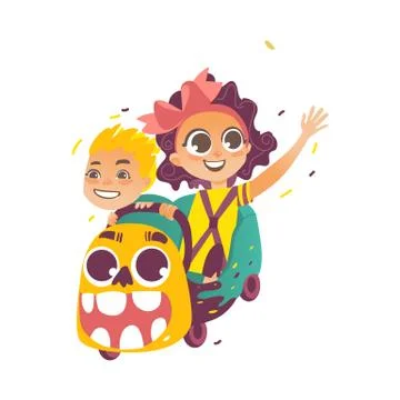 Vector flat children riding on roller coaster Stock Illustration